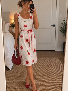 Liz Claiborne White Red Poppy Floral Midi Dress Womens 8 90s